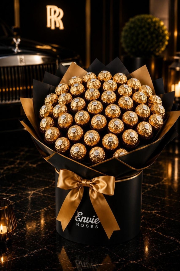 Luxury Ferrero Rocher bouquet with premium roses handcrafted by Envie Roses Prestige